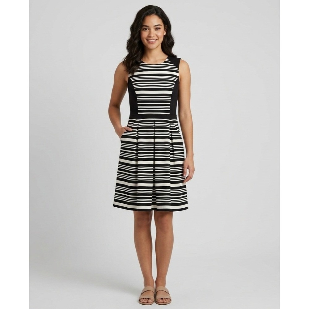 LOFT Striped Dress size 6 Black off White Striped Sleeveless Pocketed